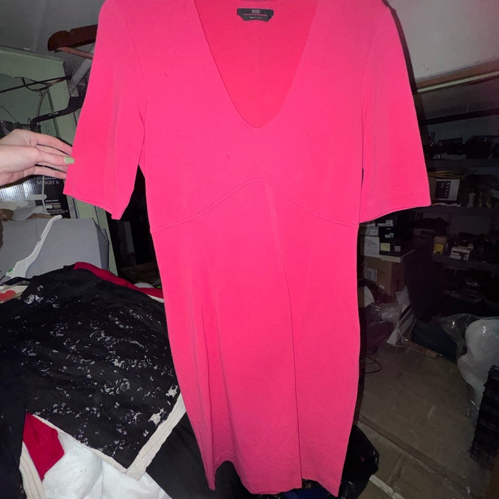 Boss V-Neck Midi Dress in Bright Pink